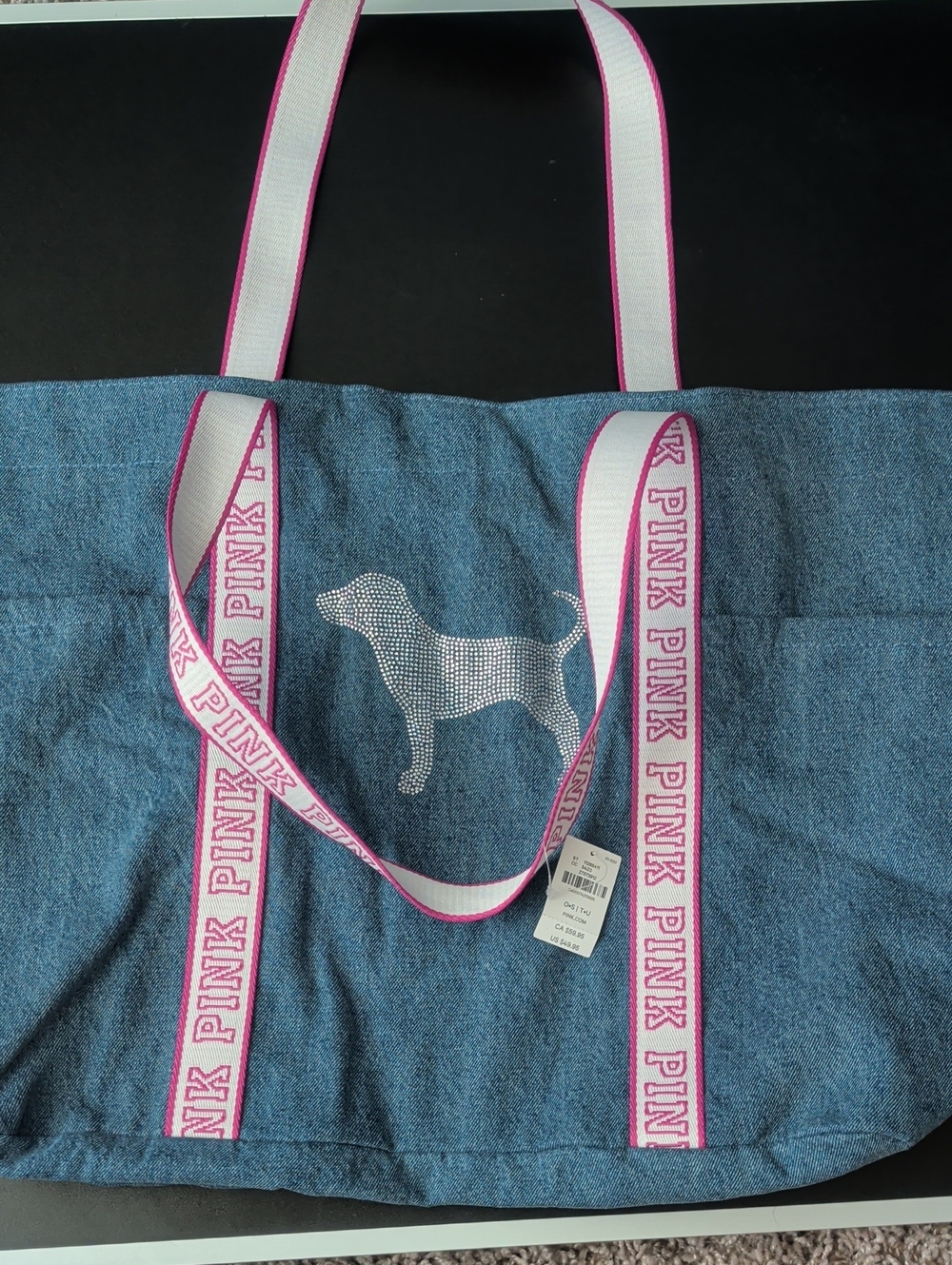NWT PINK Victoria's Secret Denim Tote with Pink Logo Straps and Rhinestone Dog